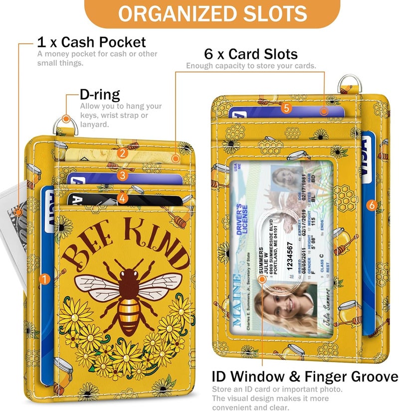Yonlevres Credit Card Holder Slim Wallet, Bee RFID Wallet Women Front Pocket Small Card Holder, Travel Cute Funny Thin Card Case ID Window PU Leather RFID Blocking Card Organizer Gifts Girls Ladies - Image 4